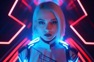 ai generato. futuristico donna nel neon illuminazione foto