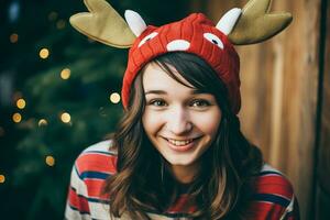 ai generato. bellissimo giovane donna nel Natale cappello e renna corna foto