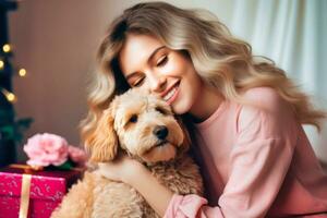 ai generato. radiante donna con sua barboncino foto