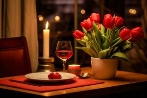 ai generato. accogliente cena ambientazione con tulipani e lume di candela foto