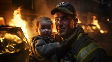 ai generato un' pompiere Tenere un' bambino nel davanti di un' ardente edificio foto