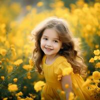 ai generato un' poco ragazza nel un' giallo vestito è sorridente nel un' campo di fiori foto