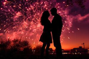 ai generato. di coppia silhouette con fuochi d'artificio foto