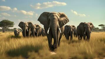 ai generato un' mandria di elefanti a piedi attraverso un' campo foto