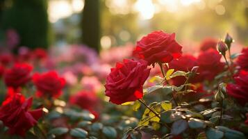 ai generato rosso Rose siamo fioritura nel il sole foto