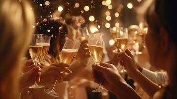 ai generato molti persone tostatura Champagne bicchieri a un' festa foto