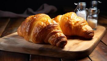 ai generato appena al forno brioche su di legno tavolo, un' dolce francese diletto generato di ai foto