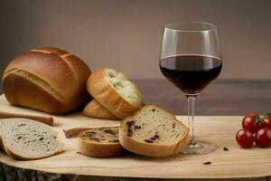 ai generato tazza di vino con pane. professionista foto