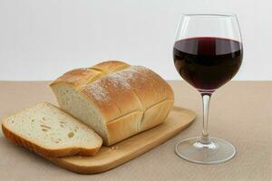 ai generato tazza di vino con pane. professionista foto