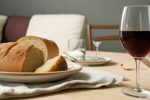 ai generato tazza di vino con pane. professionista foto