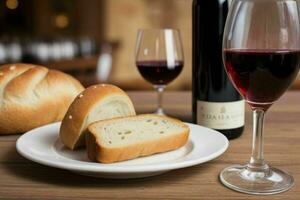 ai generato tazza di vino con pane. professionista foto