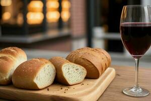 ai generato tazza di vino con pane. professionista foto