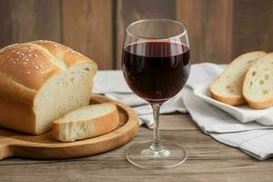 ai generato tazza di vino con pane. professionista foto