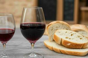 ai generato tazza di vino con pane. professionista foto