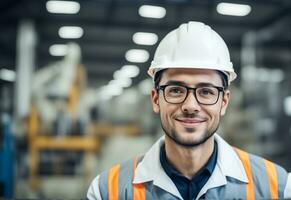 ai generato ritratto di giovane bellissimo ingegnere uomo Lavorando nel fabbrica costruzione. foto