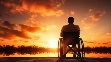 silhouette di Disabilitato uomo su sedia a rotelle a il spiaggia durante tramonto, disattivare giorno foto