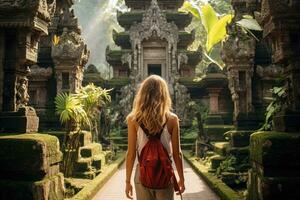 ai generato giovane donna viaggiatore nel Bali, Indonesia. viaggio concetto, un' turista donna con un' zaino su vacanza, a piedi attraverso il indù tempio nel Bali, Indonesia, ai generato foto