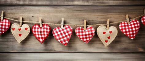 ai generato San Valentino giorno sfondo con cuori e mollette su di legno parete foto