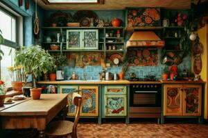 eclettico cucina boho rustico. creare ai foto