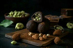 cioccolato tartufi Nocciole su di legno tavola. creare ai foto