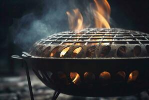 barbecue griglia con ardente fuoco avvicinamento foto. creare ai foto