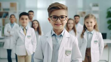 ai generato ragazzi e ragazze vestito su come un' medico nel uniforme in piedi con sfocato personale persone sfondo nel un' Ospedale, formazione scolastica concetto ai generato foto