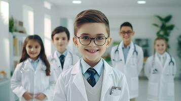 ai generato ragazzi e ragazze vestito su come un' medico nel uniforme in piedi con sfocato personale persone sfondo nel un' Ospedale, formazione scolastica concetto ai generato foto