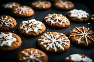 ai generato Natale biscotti con i fiocchi di neve su un' nero sfondo. ai generativo foto