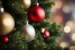 ai generato Natale ornamenti sospeso su il Natale albero con luci dietro. ai generativo foto