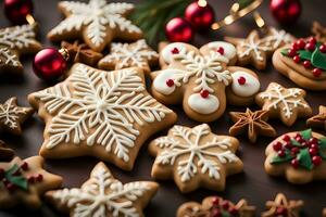 ai generato Natale Pan di zenzero biscotti con decorazione su buio sfondo. ai generativo foto