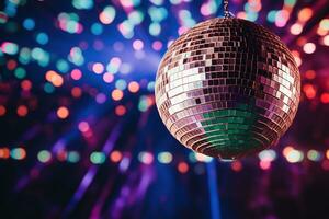 ai generato generativo ai, discoteca brillante sfera, festa riflettendo colorato luci per musica trasmissione, notte club, musicale banner foto