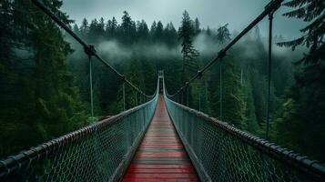 ai generato generativo ai, cima dell'albero imbarco ponte su nebbioso abete foresta bellissimo paesaggio nel fricchettone Vintage ▾ retrò stile, nebbioso montagne e alberi. foto