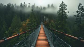 ai generato generativo ai, cima dell'albero imbarco ponte su nebbioso abete foresta bellissimo paesaggio nel fricchettone Vintage ▾ retrò stile, nebbioso montagne e alberi. foto