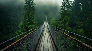 ai generato generativo ai, cima dell'albero imbarco ponte su nebbioso abete foresta bellissimo paesaggio nel fricchettone Vintage ▾ retrò stile, nebbioso montagne e alberi. foto