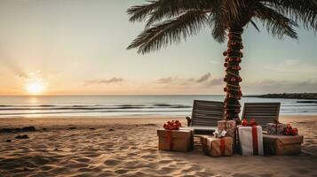 ai generato generativo ai, Natale su il spiaggia. i regali, Natale albero, palma, oceano e sedie. vacanza concetto foto