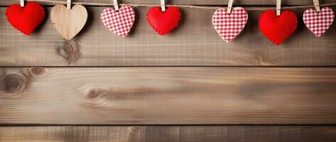 ai generato San Valentino giorno sfondo con cuori e mollette su di legno parete foto