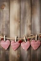 ai generato San Valentino giorno sfondo con cuori e mollette su di legno parete foto