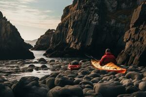 ai generato uomo kayak su un' roccioso spiaggia nel Bretagna, Francia. copia spazio, un' rosso kayak e un' uomo campeggio su costiero rocce, ai generato foto