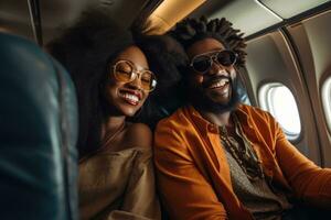 ai generato elegante africano americano coppia nel occhiali da sole sorridente a telecamera nel aereo, contento sorridente nero coppia è volante nel un aereo nel primo classe, ai generato foto