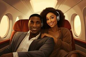 ai generato contento africano americano uomo e donna nel cuffie seduta nel aereo cabina, contento sorridente nero coppia è volante nel un aereo nel primo classe, ai generato foto