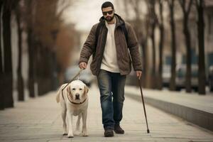 ai generato uomo con un' guida cane a piedi nel il strada nel il città, guida cane è porzione un' cieco uomo, ai generato foto