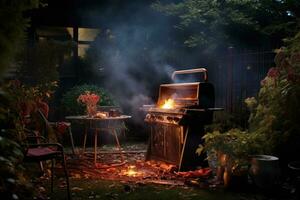 ai generato barbeque griglia nel il foresta. barbeque nel il foresta, grigliate nel il Giardino dietro la casa, ai generato foto