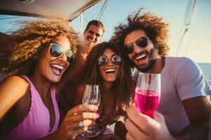 ai generato ritratto di sorridente amici tintinnante bicchieri con Champagne mentre seduta su yacht, gruppo di diverso amici bevanda Champagne mentre avendo un' festa nel yacht, ai generato foto