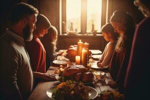 ai generato gruppo di amici seduta a il tavolo e festeggiare ringraziamento giorno insieme, famiglia preghiere Tenere mani a ringraziamento tavolo, ai generato foto