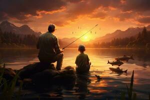ai generato pescatore con il suo figlio pesca su un' lago a tramonto, famiglia papà e Due figli maschi siamo pesca a tramonto, ai generato foto