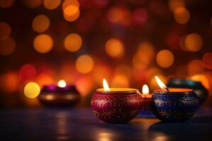 ai generato contento Diwali - argilla diya lampade illuminato durante Diwali celebrazione, Diwali giorno Festival Diwali lanterne sfondo con candele e sfocato luci, ai generato foto