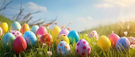 ai generato colorato Pasqua uova nel erba. contento Pasqua sfondo. foto