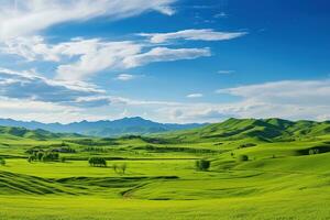 ai generato bellissimo paesaggio con verde prati e blu cielo con nuvole. foto