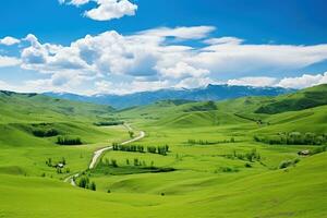 ai generato bellissimo paesaggio con verde prati e blu cielo con nuvole. foto