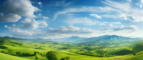 ai generato bellissimo paesaggio con verde prati e blu cielo con nuvole. foto